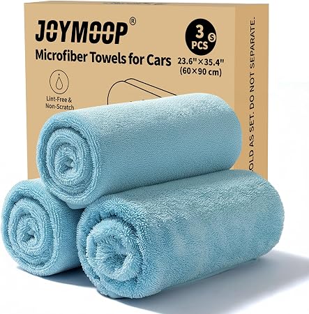 JOYMOOP Microfiber Towels for Cars, 3 Pack 35.4" x 23.6" Car Drying Towel, Blue Reusable Car Towel, Quick Drying Car Mic