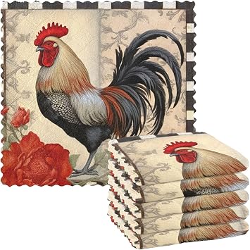 Vintage Rooster Kitchen Towels and Dishcloths Set Absorbent Reusable 6 Pack Fast Drying Dish Rags for Cleaning Soft Poly