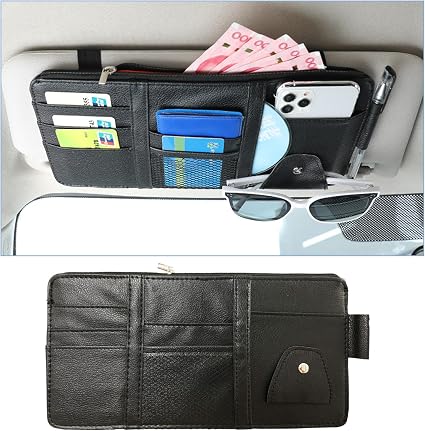 Augeny Car Sun Visor Organizer, Leather Multi-Pocket Auto Visor Storage Pocket Pouch Holder with Zipper, Vehicle Interio