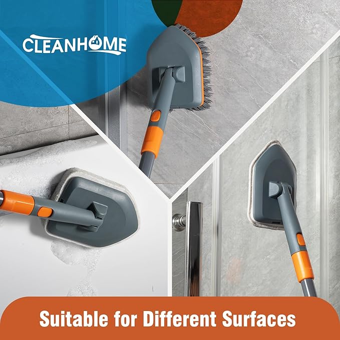 CLEANHOME Floor Scrub Brush Tile Tub Scrubber Brush with 4 Different Cleaning Heads, Shower Brush with 56” Extendable Long Handle, Scrubbers for Cleaning Kitchen, Bathroom, Tub, Tile, Wall