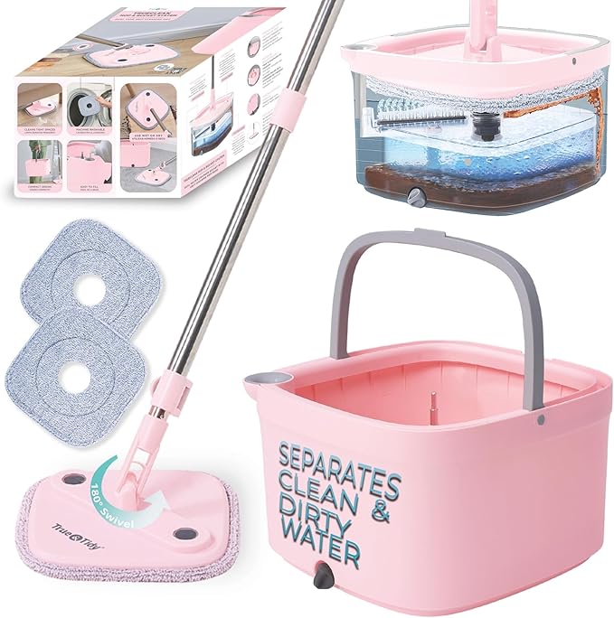 Limited Edition Heavy Duty Mop for Floor Cleaning Separates Clean from Dirty Water, Self Wringing 360° Rotating Square Mop-Head for Hardwood Tile Marble Floor, Rose