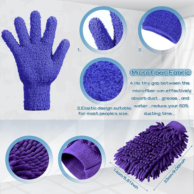 Potchen 6 Pcs Microfiber Dusting Mitt Gloves for Plants Washable Dusting Gloves for House Cleaning Furniture Car Washing