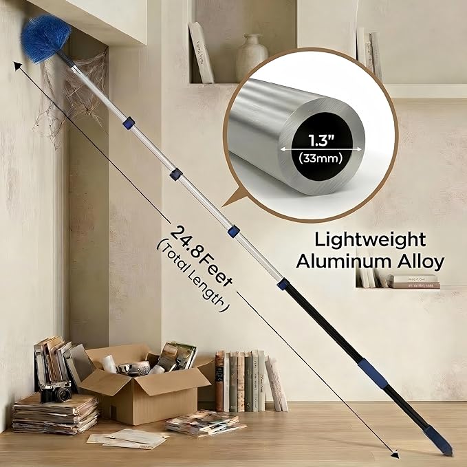 30ft High Ceiling Duster Kits with 5-24ft Heavy Duty Extension Pole - Fan Blade Cleaner, Cobweb Remover & Blue Window Squeegee Kit, Washable Dust Brush for High Roof and Glass Surfaces
