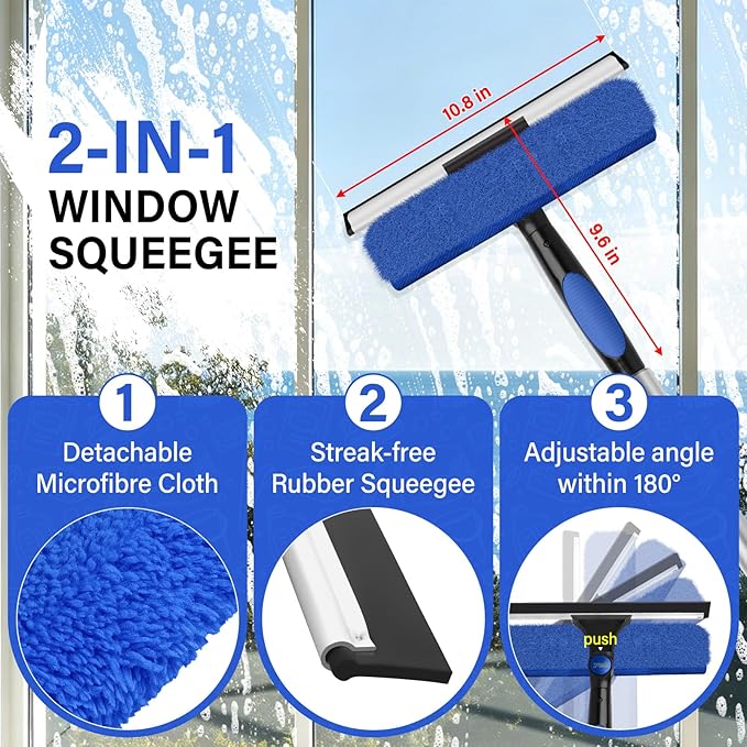 26FT High Window Washing Kit with Extension Pole, 2 in 1 Window Cleaning Squeegee Kit, Cobweb Duster with 5-20FT Telescoping Pole, High Reach Duster Kit for Outdoor, Indoor and Solar Panel Cleaning