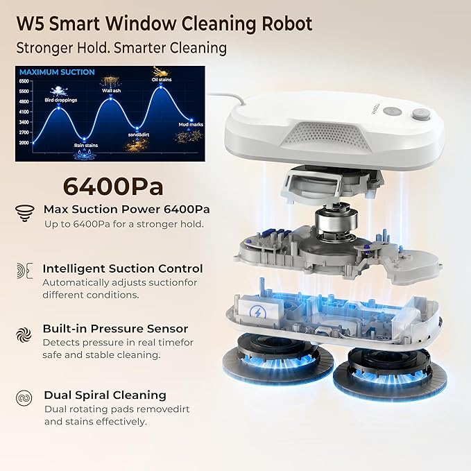 Tosima W5 Window Cleaning Robot, Dual Direction Auto-Spray Smart Window Cleaner with Triple Safety System, Smart Navigation, Remote Control, for All Smooth Surfaces, with 8 Rags, White Robotic Vacuums