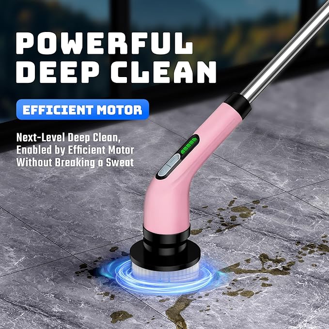Electric Spin Scrubber - Cordless Bathroom Scrubber with 7 Brush Heads - Dual Speed IPX7 Waterproof Power Scrubber for Heavy-Duty Bathtub, Glass, Tile, and Car Cleaning (Pink)
