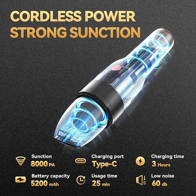 Handheld Vacuum Cordless -Car Vacuum Portable Rechargeble -Hand Held Small Vacuum Cleaner Car Seats, Home, Quick Clean up, Strong Suction, Lightweight, Includes Crevice Nozzle & Brush-H3