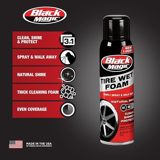 Black Magic 120269 Tire Wet Foam - Specially Formulated Thick Tire Spray Foam Clings to Tires to Dissolve & Clean Dirt while Shining & Protecting, 18 Fl. Oz. (Pack of 2)