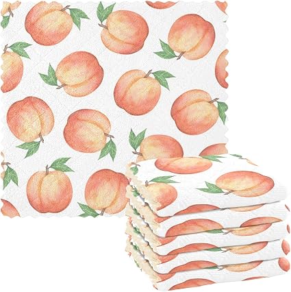 Kitchen Dish Towels 6 Pack, Watercolor Fruit Peach Dish Cloths for Drying Dishes Absorbent Cleaning Cloths Washcloth Reu