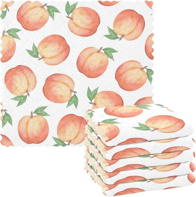 Kitchen Dish Towels 6 Pack, Watercolor Fruit Peach Dish Cloths for Drying Dishes Absorbent Cleaning Cloths Washcloth Reu