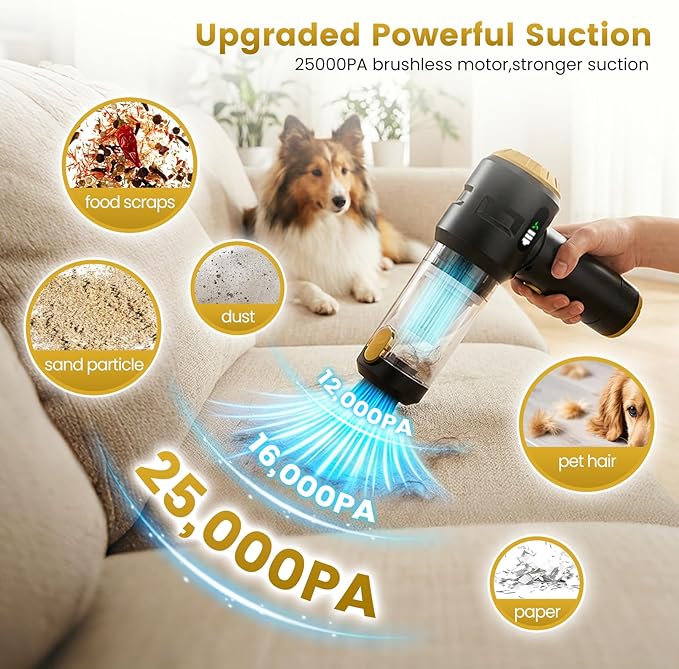 Wansimoo Handheld Car Vacuum Cleaner,25000PA Strong Cyclonic Suction Foldable Mini Vacuum Portable Cordless with Digital Display and One Touch Dust Removal for Car, Home, Office, Kitchen (Gold)