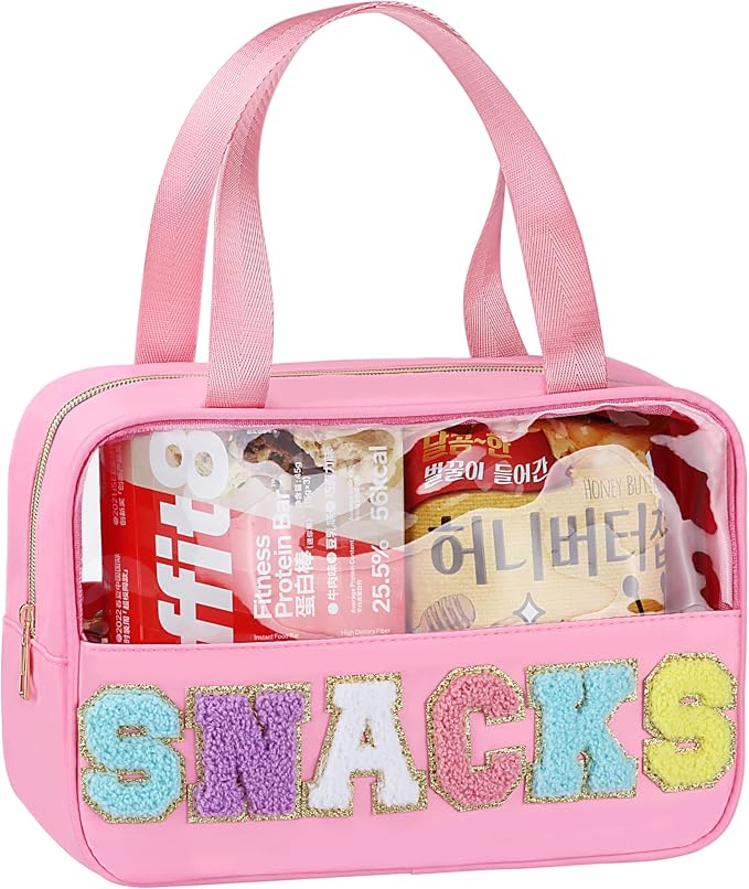 Snack Bag for Travel - Chenille Letter Clear Makeup Bag, Large Preppy Patch Snack Cosmetic Bag with Handle and Zipper, C