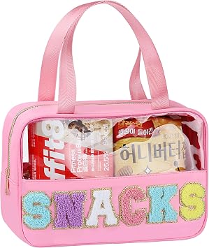 Snack Bag for Travel - Chenille Letter Clear Makeup Bag, Large Preppy Patch Snack Cosmetic Bag with Handle and Zipper, C