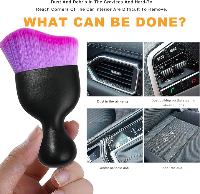 2 PCS Car Interior Detailing Brush, Curved Car Interior Cleaning Brush with Ultra Soft Bristles & Dust Cover, Scratch-Free Auto Dusting Brushes for Dashboard AC Vent Leather (Purple)