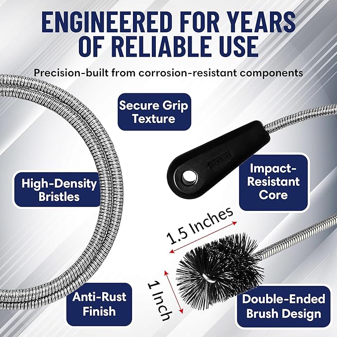 48" Flexible Tube Brush – Long Pipe Snake for Sink - AC Condensate Line Cleaning - Flexible Pipe Cleaner Brush for Hair, Food & Clog Removal - Cleaner Tool – B313C by FryOilSaver Co.