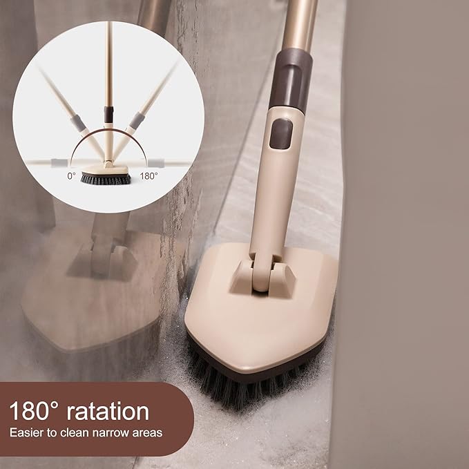 Eyliden Shower Scrubber with Long Handle, Tub and Floor Scrub Brush for Bathroom, Tile, Bathtub, Grout, Sink, 2 Type Cleaning Heads - 1 Stiff Bristle & 2 Non-Scratch Pads, 180° Swivel Head