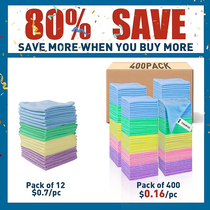 TEAWOO Microfiber Towels Bulk-400 Pack, Cleaning Cloths, Microfiber Towels for Cars, Cleaning Rags 5 Colors Assorted (11.5x11.5 inches)