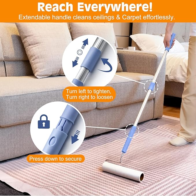 Large Lint Roller for Pet Hair Extra Sticky,10 Years Lifespan,9.45''/6.3" Pet Hair Removal Tool Roller for Dog Cat Hair,450 Sheets/5 Refills,Detachable Telescoping Extension Large Lint Roller