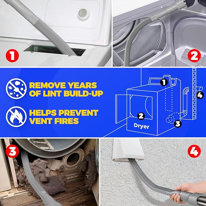 Holikme Dryer Vent Cleaner Kit Dryer Lint Vacuum Attachment Brush, Lint Remover, Dryer Vent Vacuum Hose Replacement Parts,Duct Cleaning, Grey