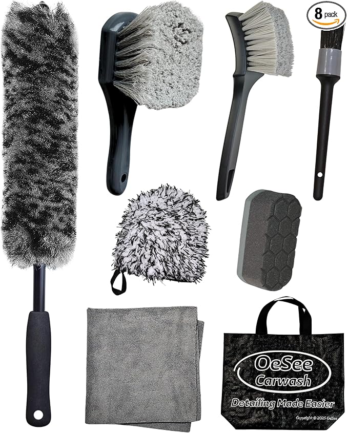 oesee 8PCS Pro Wheel Cleaning Kit - Synthetic Wool Brushes, Detailing Brush, Tire Brush, Wash Mitt, Drying Towel & Carry on Bag - Scratch-Free Rim Cleaning Kit