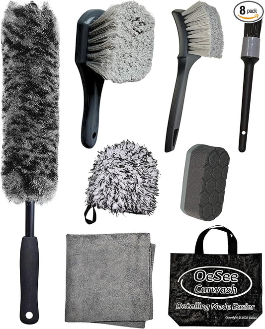 oesee 8PCS Pro Wheel Cleaning Kit - Synthetic Wool Brushes, Detailing Brush, Tire Brush, Wash Mitt, Drying Towel & Carry on Bag - Scratch-Free Rim Cleaning Kit