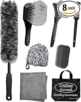 oesee 8PCS Pro Wheel Cleaning Kit - Synthetic Wool Brushes, Detailing Brush, Tire Brush, Wash Mitt, Drying Towel & Carry