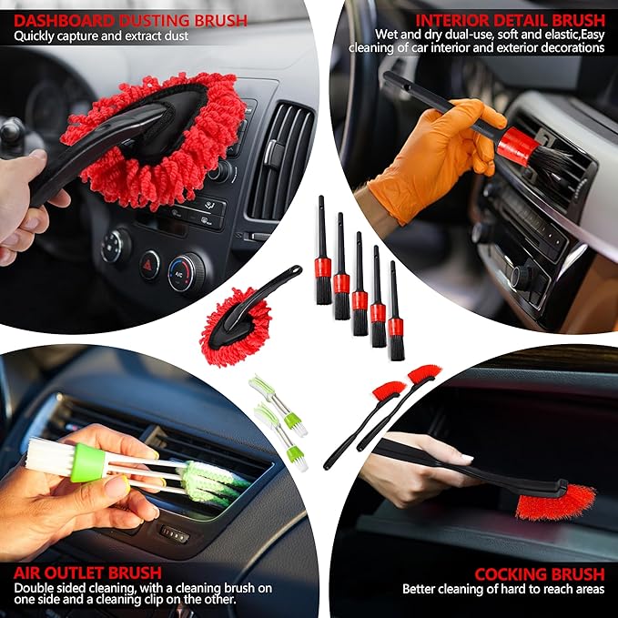 35Pcs Car Detailing Kit & Car Cleaning Kit – Windshield Tool, Long Wheel Brush & 2 Angled Brushes, 4 Polishing Pads & 4 Wax Pads – Red Tool Box – Gift for Men (B：35PCS-R)