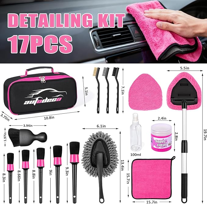 Windshield Cleaner Tool, 17Pcs Car Interior Detailing Kit, Detailing Brush, Towels, Duster, Car Cleaning Kit Interior for RVs, Truck, Trailer (Pink)