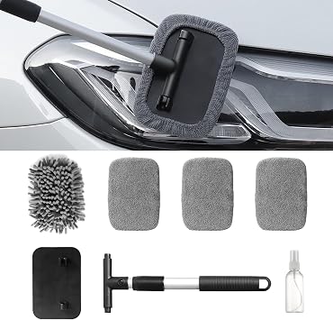 Car Windshield Cleaner Tool Kit with Extendable Handle, Vehicle Window Cleaner with 4 Microfiber Pads and 1 Empty Spray 