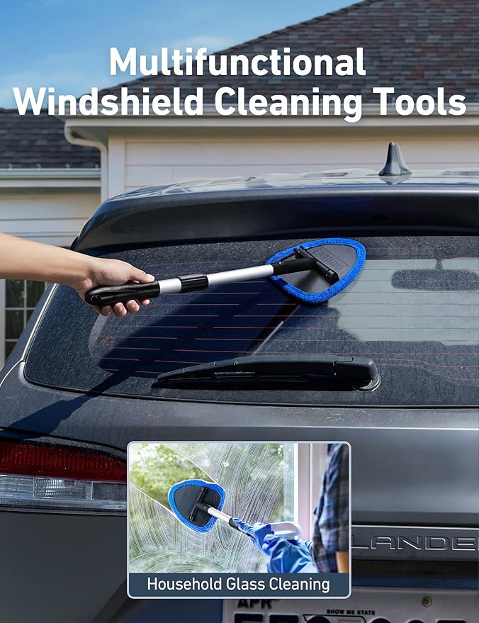 AstroAI 26" Windshield Cleaner Tool, Car Interior Window Detailing Cleaning Kit with Extendable Handle and 4 Easy-to-Install Reusable Microfiber Pads, Auto Glass Wiper Brush Kit for Car&Home, Blue