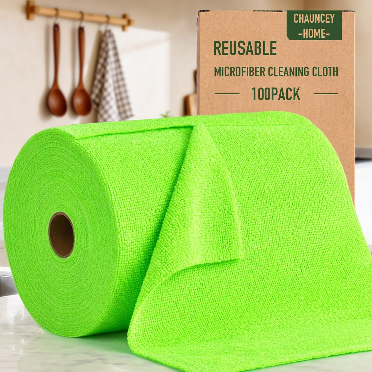 Microfiber Cleaning Cloth Roll - 100 Pack Tear Away Microfiber Paper Towels, Reusable, Washable, Scratch-Free, Kitchen Towels for Car, Home, Kitchen, Glass, Dishes (Neon Green)