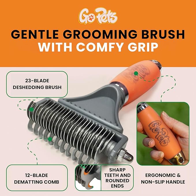 GoPets 2-in-1 Dematting Comb for Dogs, Pet Grooming Rake, Double-Sided Dog Brush for Shedding, Deshedding Brush for Cats, Undercoat Mat Dematting Tool for Long Haired Cats, Grooming Matting Hair