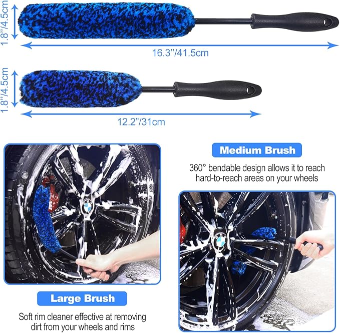 Wheel Brush, Wheel & Rim Cleaner Brush, Tire Brush, Wheel Cleaning Brush, Bendable & Durable Car Wheel Brush Set, Car Detailing Brushes, Wheel Brushes for Cleaning Wheels