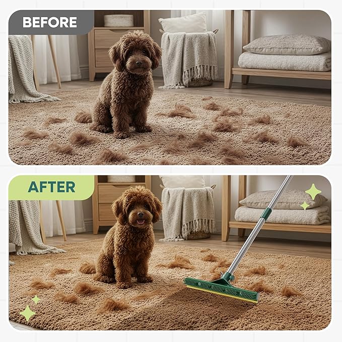 Carpet Rake for Pet Hair Removal, 60” Long Handle – Heavy-Duty Pet Hair Remover for Carpets, Rugs & Mats Cat Dog Fur Rakes Scraper Carpet Broom for Carpets with Copper Teeths