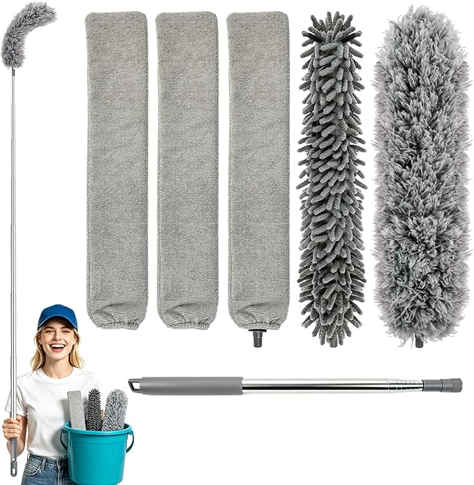 Microfiber Feather Duster 6-in-1 Kit | Extendable Duster with 100" Pole | Washable Long Handle Duster Set for High Ceilings, Fans, Blinds