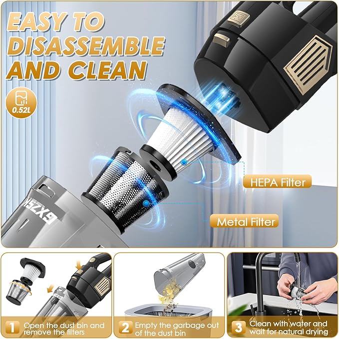 Gxzsk Handheld Vacuum Cordless, 15000PA Strong Suction Hand Held Car Vacuum Cleaner Rechargeable, Portable Hand Vacuum with Multi-Nozzles & Washable Filter for Home Office, Car, Pets