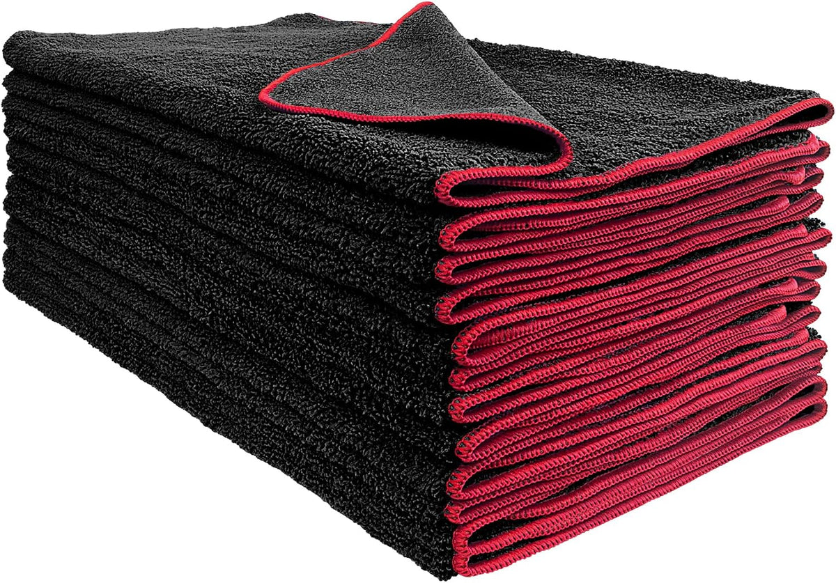 Dual Pile 400 GSM Microfiber Towels with Red Trim, All-Purpose Terry Weave Cleaning Cloths for Auto, Home, Boat, Scratch-Free & Reusable, 16x24 Inches, 12-Pack