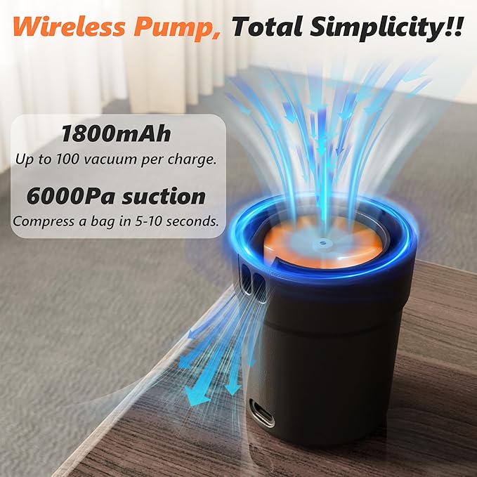 SUOCO Travel Vacuum Pump for Vacuum Storage Bags, Mini USB Rechargeable Portable Cordless Electric Pump for Compression Seal Space Saver Bags (Storage Bags Not Included), Black