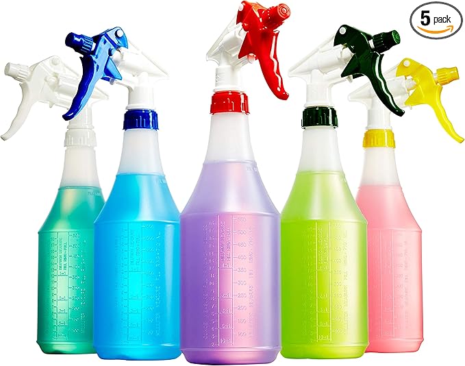 Leak-Free Chemical Resistant Spray Head and 32 oz Bottle 5 Pack Heavy-Duty Industrial Sprayer With Low-Fatigue Trigger and Nozzle for Auto/Car Detailing, Window Cleaning and Janitorial Supply