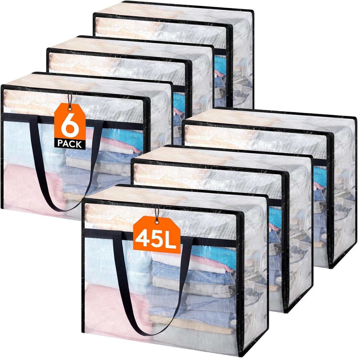 6 Pack Clear Storage Bags, 45L Clothes Organizer with Zipper