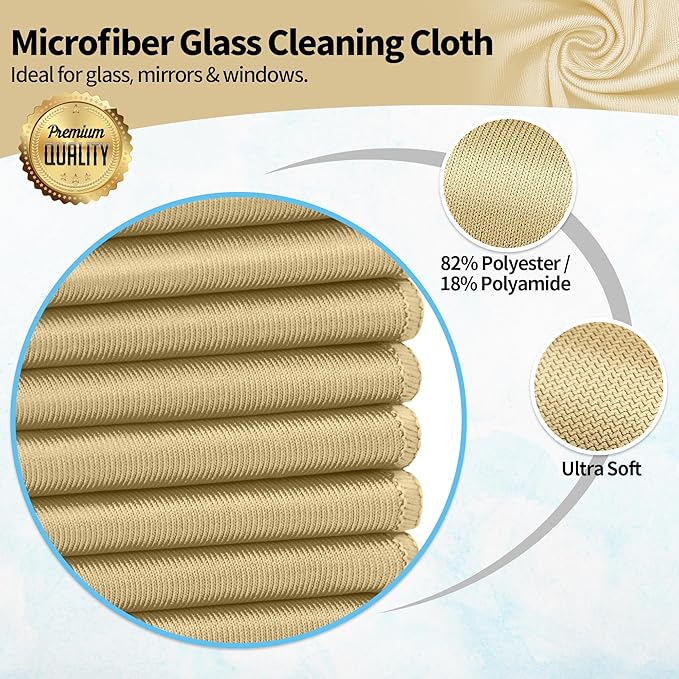 Microfiber Cleaning Cloth, 12 Pack Window Glasses Cleaning Cloth, Reusable Lint-Free Streak Free Polishing Cloth Wipes for Stainless Steel, Eyeglass, Mirror, Screen & Lense,12"*12" Beige