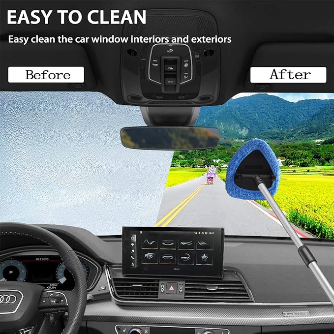 Upgraded Longer Extendable Windshield Cleaning Tool, Strong Absorbent Car Window Cleaner with 5 pcs Washable Pads and 2 pcs Spray Bottles, Multifunctional Use Windshield Cleaner Tool Kit (Blue)