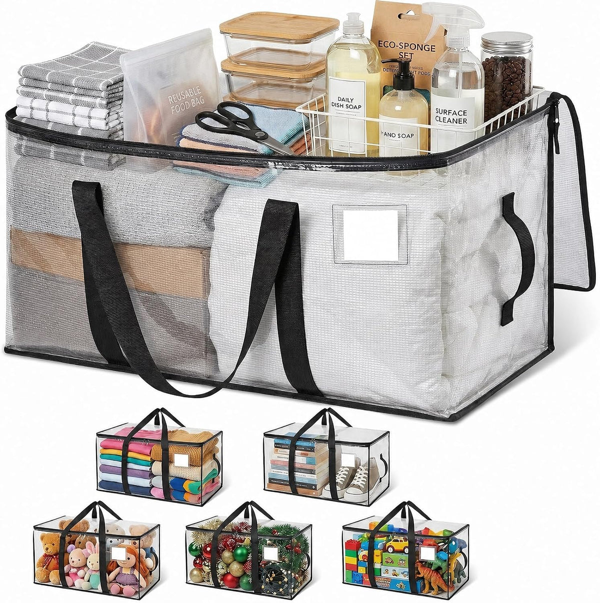 Moving Bags Heavy Duty Extra Large, 6 Pack Semi-Transparent Storage Bags with Zippers & Reinforced Handles, Waterproof Packing Bags for Moving, Moving Supplies for Clothes, College, Storage