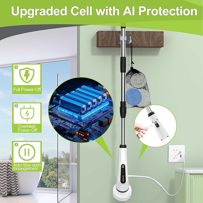 WKY-Electric Spin Scrubber - Upgraded 12-in-1 IPX7 Waterproof Shower Scrubber, Retractable Handle & 2-Speed for Toilet, Bathroom, Bathtub, Tile Floors