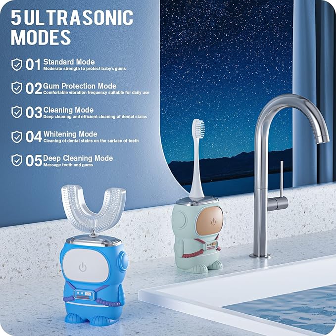 RexCodar Ultrasonic Kid's U-Shaped Electric Toothbrush, IPX7 Waterproof, Five Cleaning Modes,Cartoon Astronaut, 60S Smart Reminder (6-12 Age (Blue))
