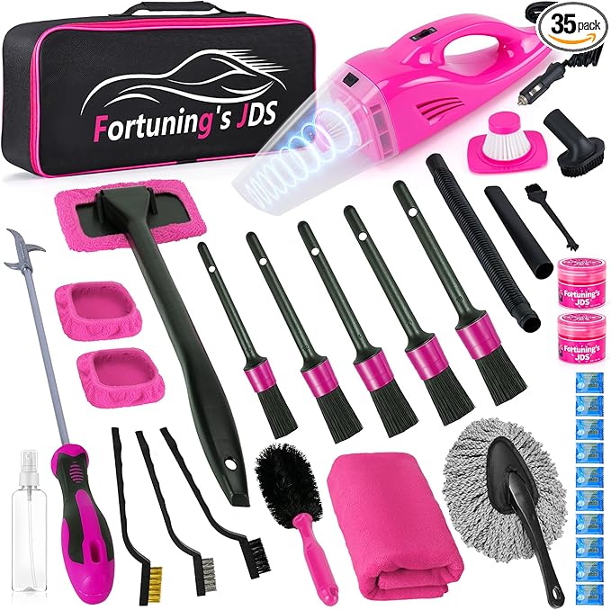 35PCS Car Detailing Kit Interior Cleaner with High Power Handheld Vacuum,Car Wash kit with Detailing Brush Set,Car Interior Detailing Kit,,Pink Car Accessories for Motorcycle,Cars Gifts for Women