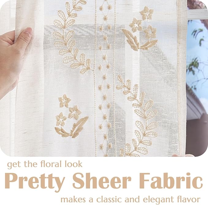 jinchan Belrose French Sheer Volie Door Curtain Embroidered Farmhouse Linen Curtain for Patio Door with Tie up Bows Light Filtering for Door Window Closet Rod Pocket 40 Inches 1 Panel Beige on Beige