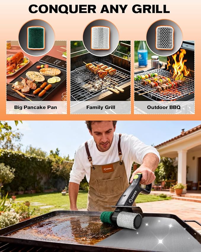 Saker Electric Grill Brush, 450 RPM Automatic BBQ Cleaning Tool with LED Light & 3 Interchangeable Heads – Cordless, Bristle-Free Grill Scrubber for Outdoor Cooking Accessories