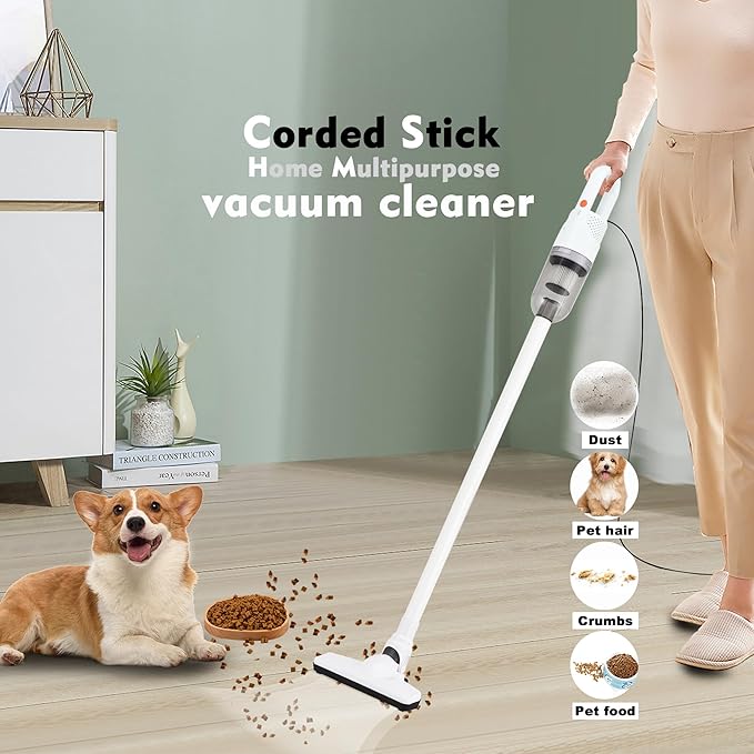 6-in-1 Lightweight Stick Vacuum Cleaner with 100W Powerful Motor, Mini Portable Household Handheld Vacuum Cleaner for Domestic Hard Floors, Carpets and Pet Hair(Porcelain White Corded)