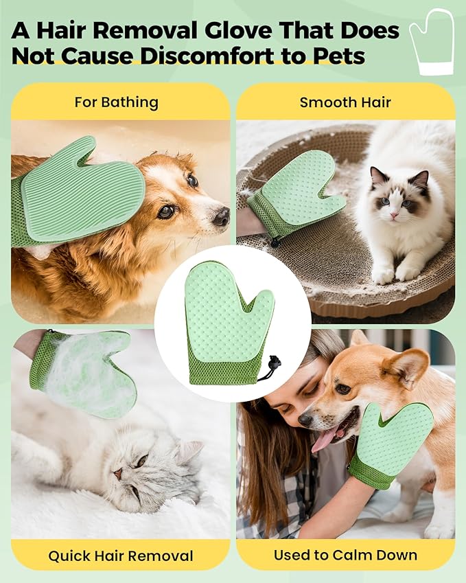 Carpet Rake for Pet Hair Removal Tool - 4 in 1 Pet Hair Remover Kit for Dog Cat Fur Remover, Contain 60" Adjustable Rubber Broom, Glove, Magic Brush and Scraper for Furniture (Black)